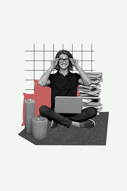 istock Vertical creative collage picture young cheerful man programmer student nerd prepare exam laptop library book stack reader candle 2214709554