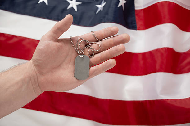 Hand Holding Dog Tags Against American Flag Background