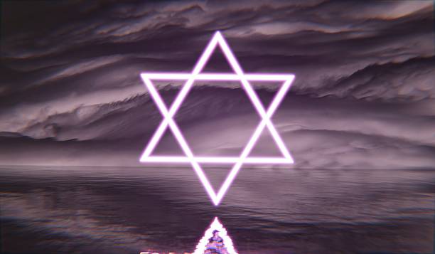 istock Neon glowing triangle frame floating on the water surface, sea water, 3D illustration 2214710009