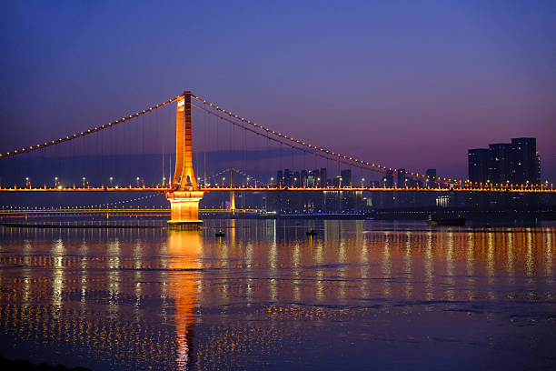 Wuhan Yingwuzhou Yangtze River Bridge at dusk