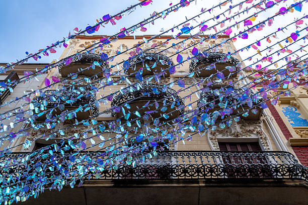 istock Ornate balconies with shimmering decorative strands 2214717535