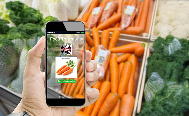 istock Food safety traceability system concept. Man hand using mobile phone scanning QR code in supermarket 2214717644