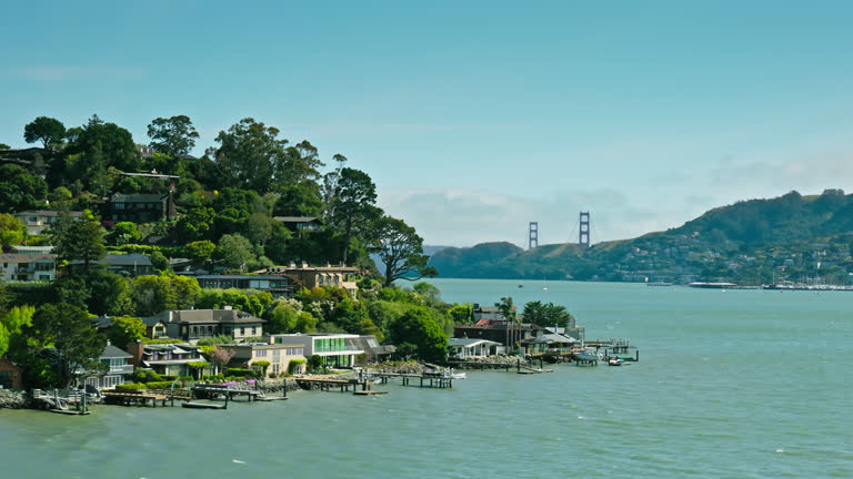 Rightward Trucking Aerial Shot of Belvedere Island, Marin County, CA on Sunny Day