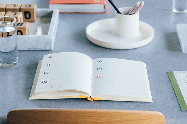 A beautifully arranged desk workspace showcasing an open planner, office supplies, and a neat setup fostering productivity and organization.