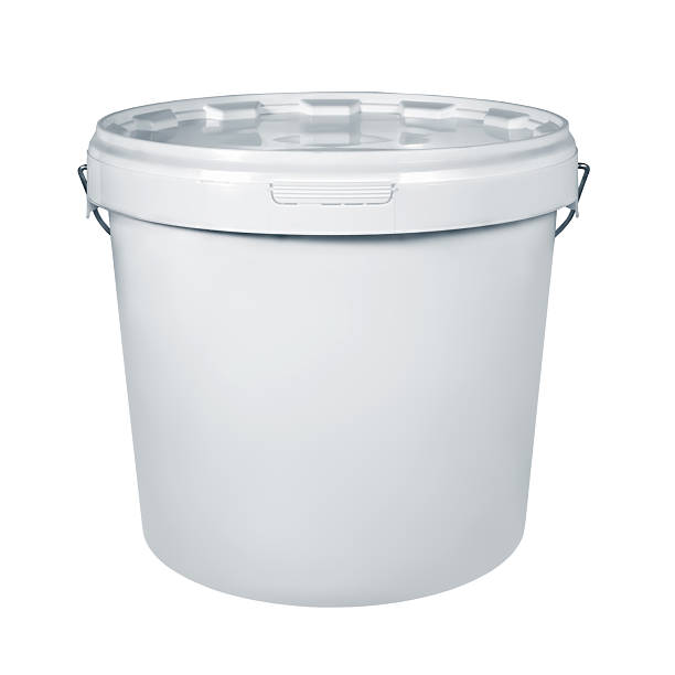 istock White plastic bucket isolated on white background. White plastic bucket without label with white lid. Mockup of label, brand and packaging design 2214738769
