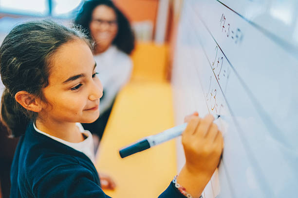 istock Schoolgirl writing on whiteboard in classroom 2214739121