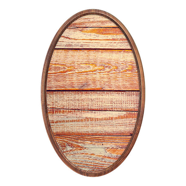 istock Wooden frame. Empty vintage oval frame with brown boards isolated on white background. Round blank frame. Signboard mockup. Old frame 2214739610