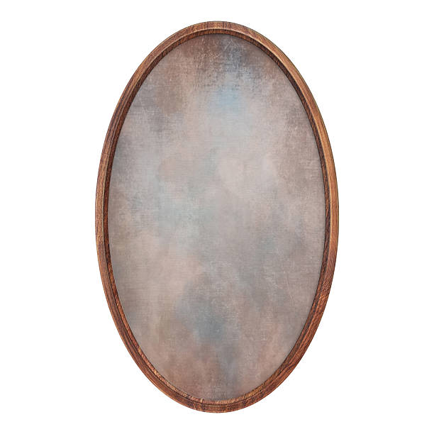 istock Wooden brown frame. Empty oval frame with abstract fill texture isolated on white background. Round blank frame. Signboard mockup. Old frame 2214740182