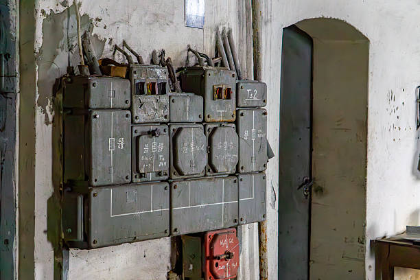 An old industrial electrical switchboard with multiple metal boxes mounted on a wall inside an abandoned or neglected facility. Visible signs of wear, peeling paint, and handwritten labels evoke a post-industrial atmosphere. A perfect image to illustrate themes of energy, infrastructure, urban exploration, or technical history.