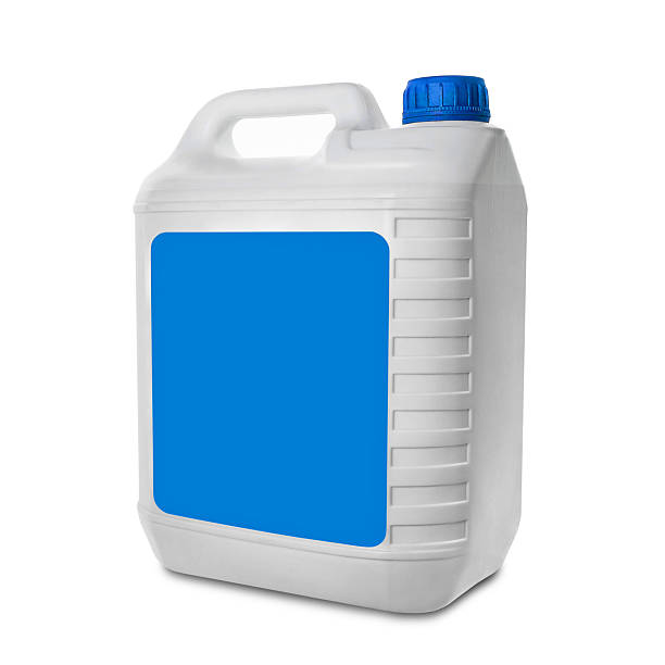istock Plastic canister isolated on white background. Blank white canister with light blue label and light blue cap. Mock up for label, brand and packaging design 2214742182