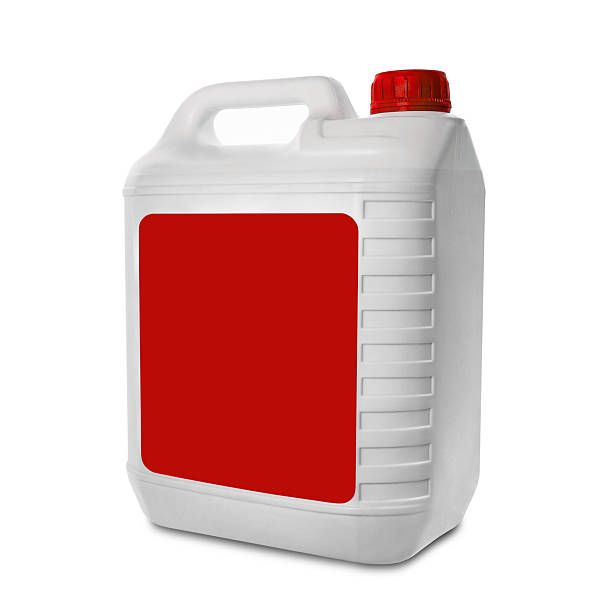 istock Plastic canister isolated on white background. Blank white canister with an empty red label and a red cap. Mock up for label, brand and packaging design 2214742285