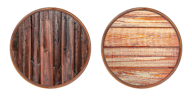 istock Wooden frame. Two empty round frames with a creative wooden insert isolated on a white background. Blank frame. Signage mockup. Old frame 2214742583