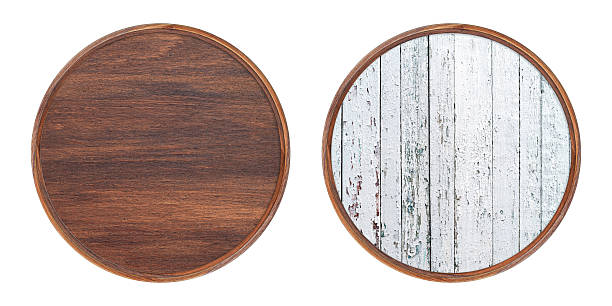 istock Wooden frame. Two empty round frames with scratched wooden insert isolated on white background. Blank frame. Signage mockup. Old frame 2214742624