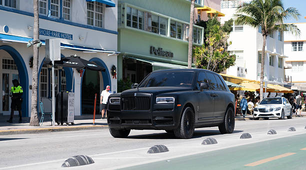 Rolls Royce Cullinan 2024 crossover car. Crossover car of Rolls Royce Cullinan. Car Rolls Royce Cullinan parked outdoor. Rolls Royce Cullinan, corner view stock photo