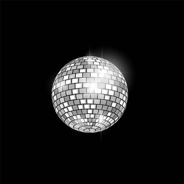 istock Glowing silver disco ball, vector shiny hanging mirror sphere, retro symbol music dance club festive party decoration 2214747537