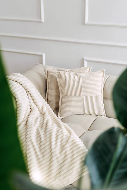 istock Comfortable white couch adorned with plush cushions in a modern indoor setting 2214757329