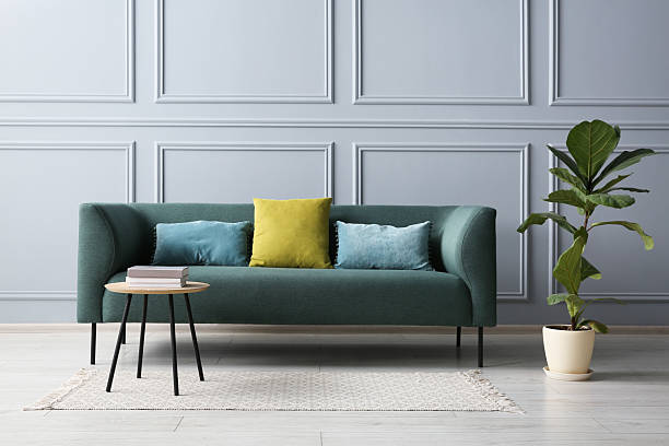istock Stylish sofa with cushions, plant and books on coffee table in room 2214772476