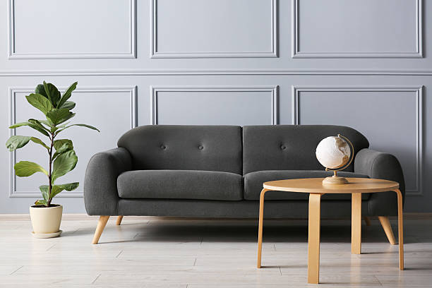 istock Stylish sofa, green plant and globe on coffee table in room 2214772545
