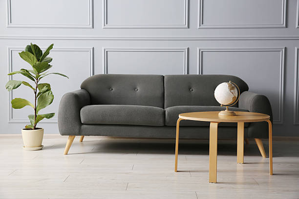 istock Stylish sofa, green plant and globe on coffee table in room 2214772639