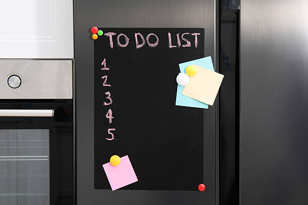 istock Magnetic board with to do list and notes on refrigerator in kitchen 2214773718