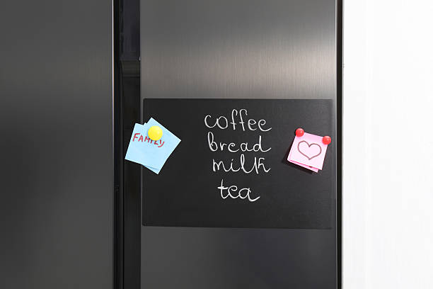 istock Magnetic board with shopping list and notes on refrigerator 2214773719