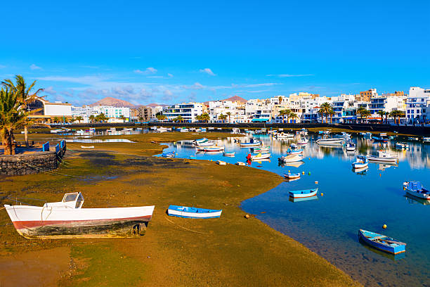 Waterfront scene in Arrecife, Lanzarote, with numerous small boats scattered across a shallow lagoon under blue sky. White buildings line background, contrasting with the muddy shore and palm trees