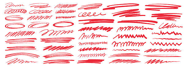 istock Red grunge strike through and underline elements. Set of hand drawn red pencil lines and strokes. Doodle vector ink brush lines. Crosses and curved strokes. 2214781009