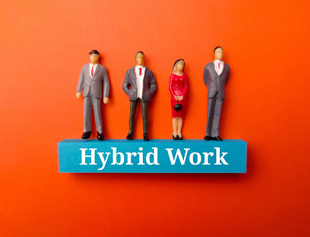 istock Miniature people with the word Hybrid Work on a orange background 2214784137