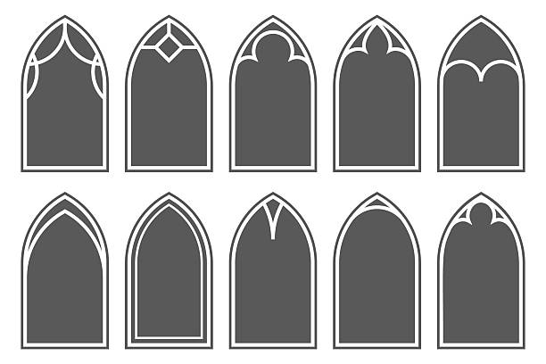 Church windows with arched frames and stained glass. Cathedral gothic architecture shapes. Silhouettes of medieval castle doors isolated on white background. Classic catholic interior decoration