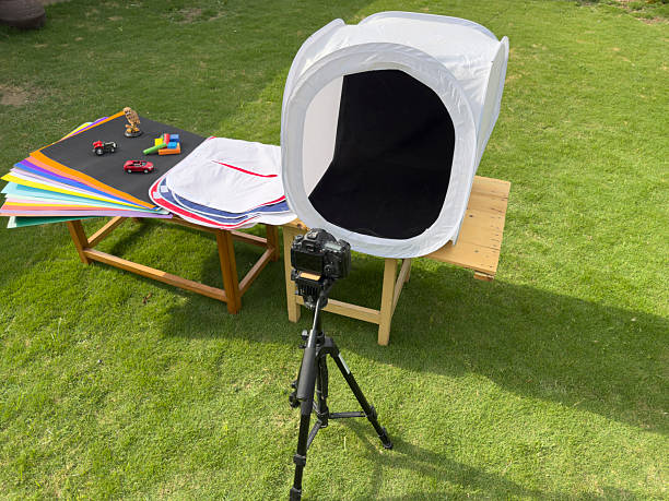 istock Macro photography setup with DSLR camera and translucent lightbox for toy product shoot 2214799225