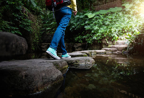istock Woman legs walking on stepping stones 2214801509
