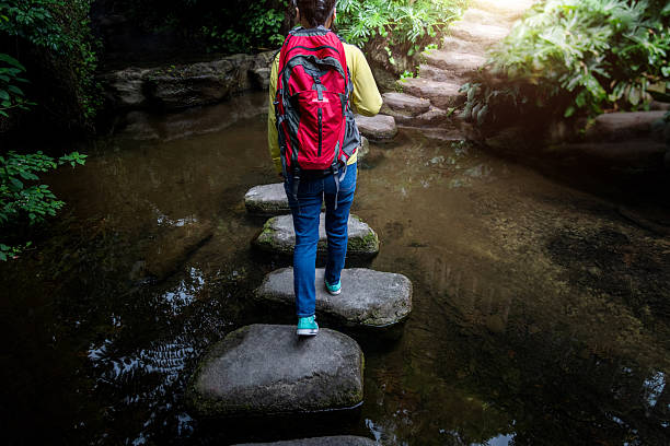 istock Female backpacker walking on stepping stones 2214801511