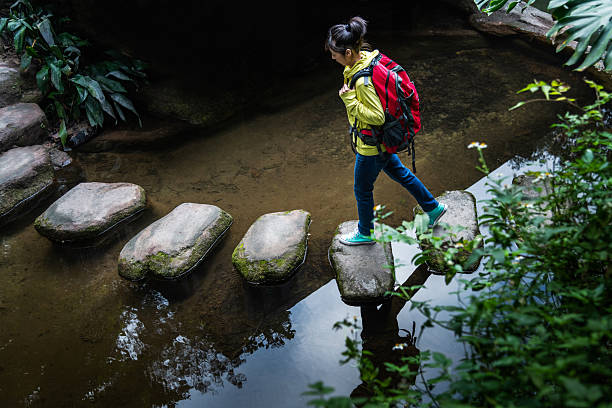 istock Female backpacker walking on stepping stones 2214801525