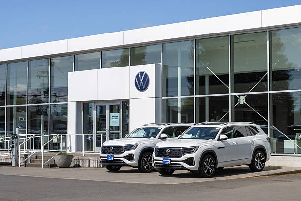 Beaverton, OR, USA - Apr 22, 2025: Exterior view of a Volkswagen dealership store in Beaverton, Oregon. Volkswagen is a German automobile manufacturer based in Wolfsburg, Lower Saxony, Germany.