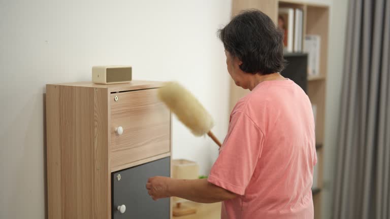 Woman Cleaning with Duster in Modern Interior Space, Dusting Shelf in Cozy Home Environment, Focus on Home Maintenance and Cleaning Routine