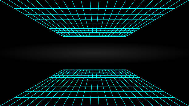 3d wireframe perspective grid room template design vector illustration background. Empty 3 dimension virtual room with perspective wireframe grid geometric sketch. Cyber virtual line interior frame.