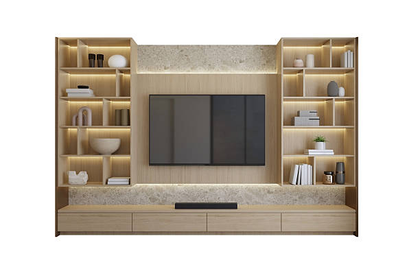 istock Wooden TV shelf cabinet with decorative object isolated on background.3d rendering 2214809265