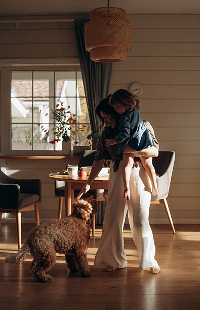 istock A woman carries a child on her back while interacting with a friendly dog in a warm, inviting kitchen filled with soft sunlight. They share a playful moment surrounded by comfort 2214821395