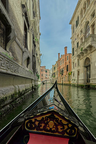 A gondola glides through a narrow canal in Venice, Italy, flanked by historic buildings under a clear blue sky.