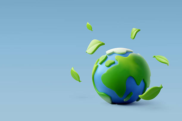 3D Earth with Leaf Chat Bubble on Blue Background Cute 3D illustration of Earth with a speech bubble containing a green leaf, symbolizing eco-friendly communication, sustainability, and global environmental awareness. environmental issues stock illustrations