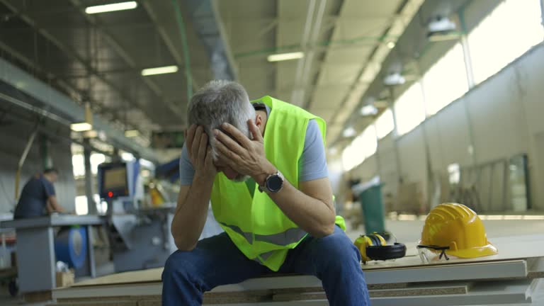 Concerned Factory Worker Reflects on Challenges During Break