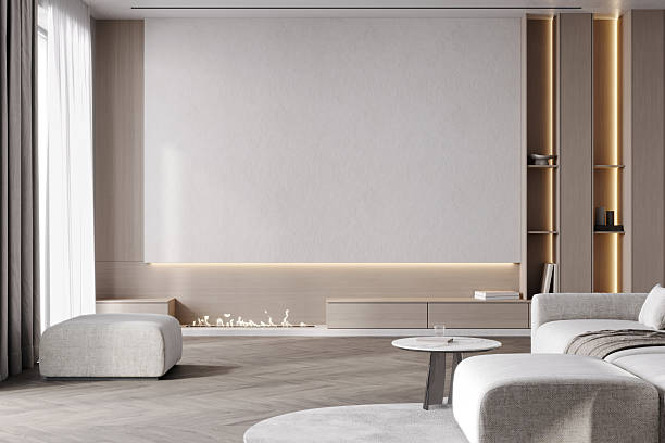 istock Copy space in minimalistic living room interior, Empty wall mockup with wall panels and fireplace, 3d render 2214837984