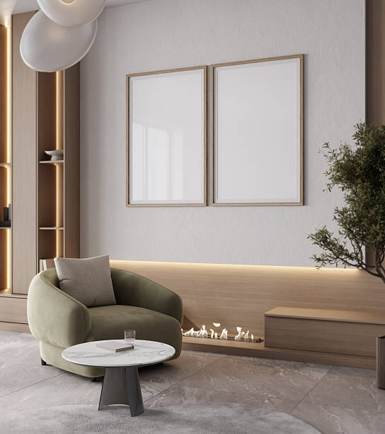 istock Two poster frames mockup in modern living room interior, 3d rendering 2214837989