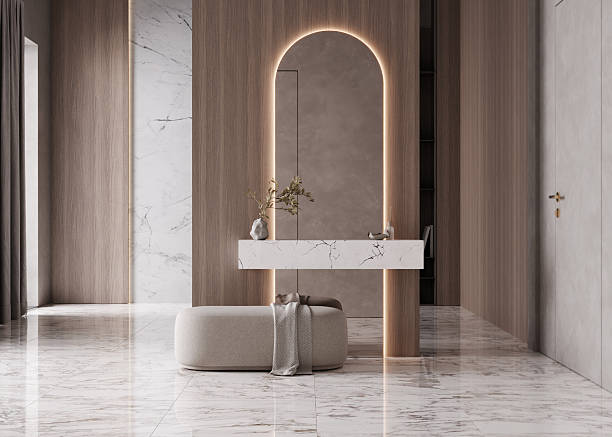 istock Modern marble vanity with mirror, beige pouf and plants, lobby in hotel room, 3d rendering 2214837990