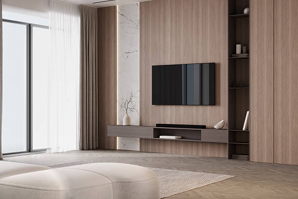 istock Modern living room interior mockup with couch and TV zone, wall panel, 3d rendering 2214837998