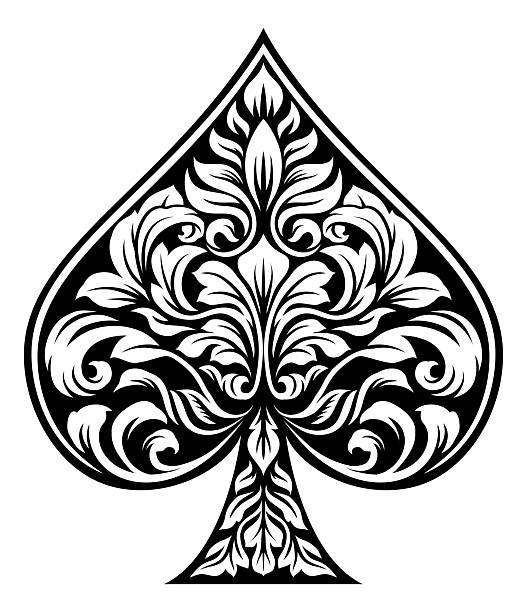 An ace of spades filigree symbol abstract playing card scroll pattern design motif in a vintage etched style