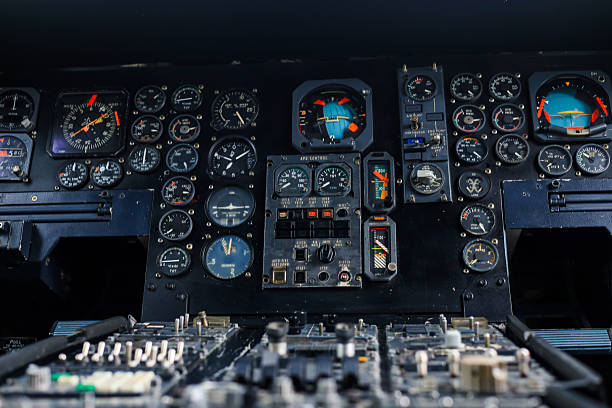The cockpit control panel of a decommissioned large commercial aircraft.