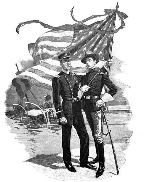 Antique illustration pre 1900 - two men in military uniforms standing in front of a U.S. Flag