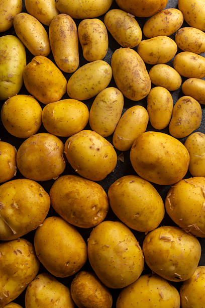 Raw potatoes filling the frame creating a food background