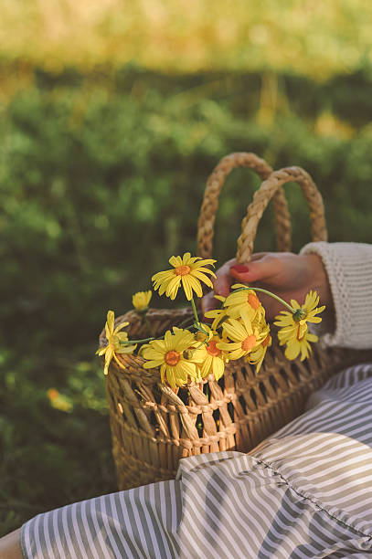 istock Yellow daisies in straw bag on summer background. Summer concept 2214851348